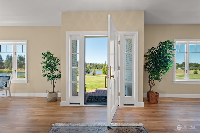 doorway to outside with light wood finished floors and baseboards