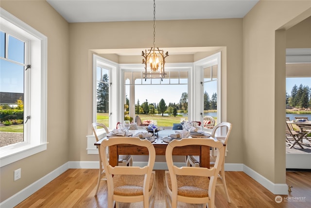 dining room with light hardwood / wood-style flooring, a healthy amount of sunlight, and a notable chandelier