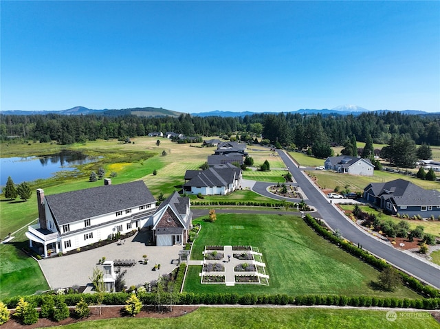 bird's eye view featuring a water and mountain view