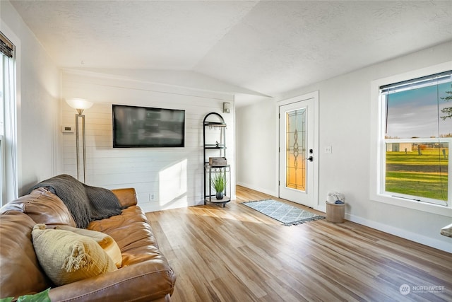 living room with a textured ceiling, light hardwood / wood-style floors, vaulted ceiling, and a wealth of natural light