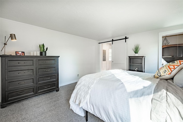 bedroom with a barn door and carpet floors