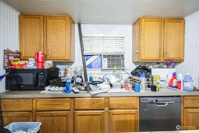 kitchen with wooden walls, cooling unit, and black appliances