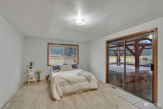 carpeted bedroom with access to exterior, a textured ceiling, and a baseboard radiator