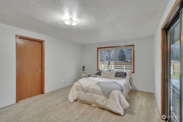 carpeted bedroom with a textured ceiling