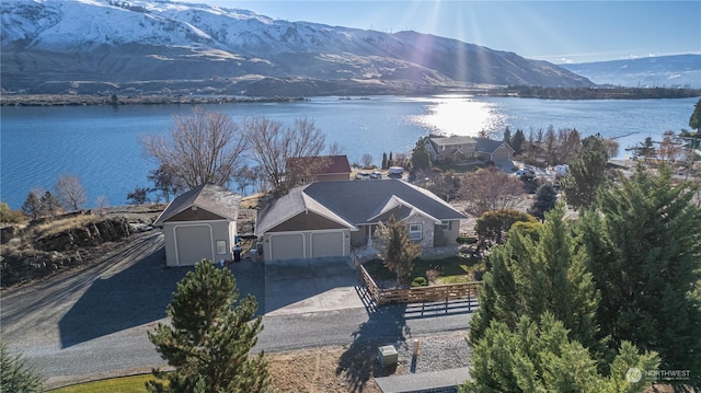 aerial view with a water and mountain view