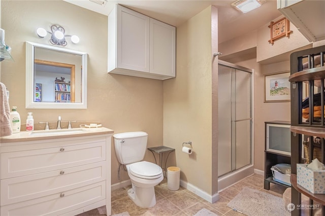 bathroom with tile patterned floors, vanity, toilet, and walk in shower