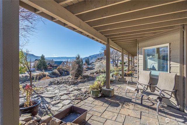 view of patio featuring a mountain view