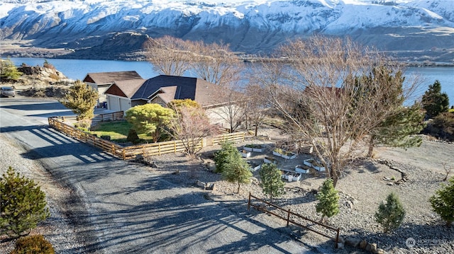 aerial view with a water and mountain view