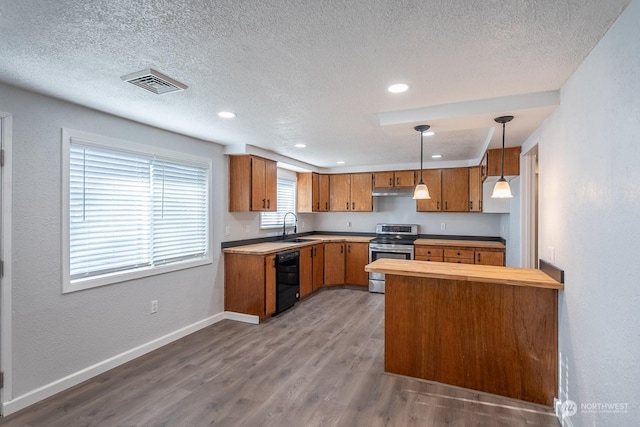 kitchen with hardwood / wood-style floors, sink, stainless steel stove, decorative light fixtures, and kitchen peninsula