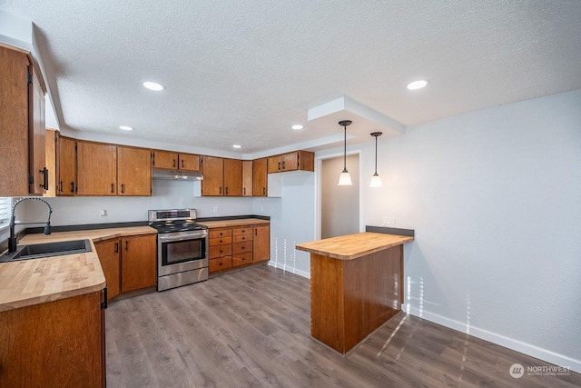 kitchen featuring sink, wood counters, pendant lighting, light hardwood / wood-style floors, and stainless steel electric stove