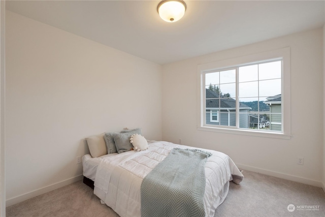 bedroom with light carpet