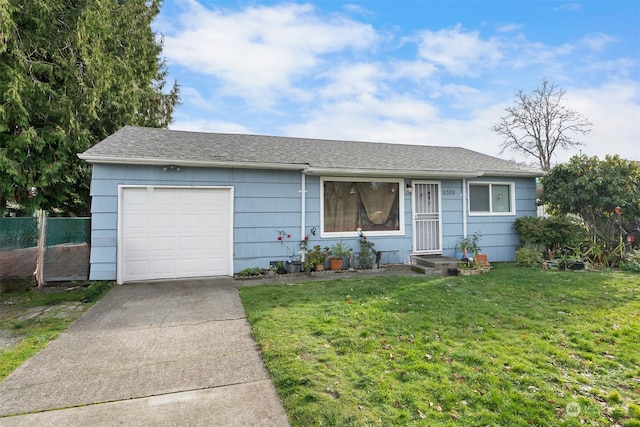 single story home featuring a garage and a front yard