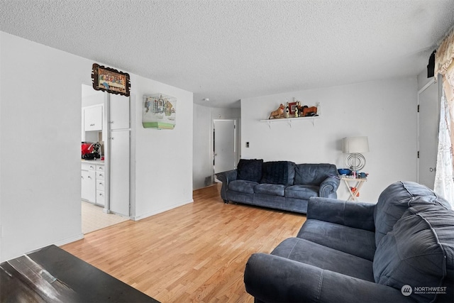 living room featuring a textured ceiling and light wood-type flooring