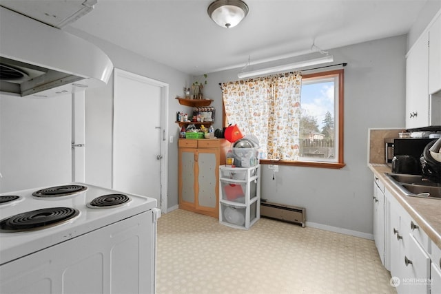 kitchen with sink, baseboard heating, ventilation hood, electric stove, and white cabinets