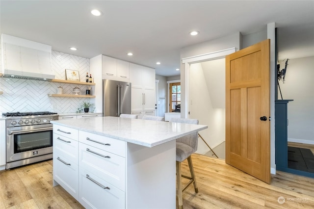 kitchen featuring premium appliances, a kitchen island, decorative backsplash, and white cabinetry