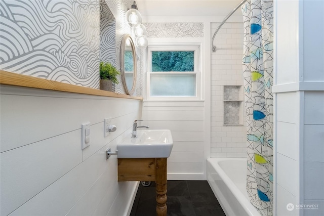 bathroom with tile patterned floors, vanity, and shower / bath combo