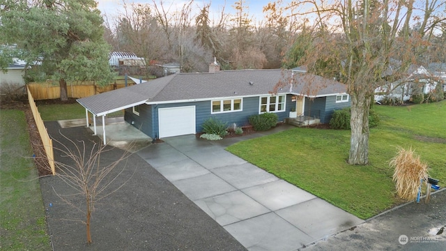 ranch-style home featuring a carport and a yard