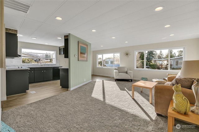 living room featuring sink and light wood-type flooring