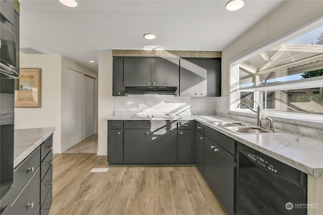 kitchen with black appliances, a healthy amount of sunlight, light wood-type flooring, and sink