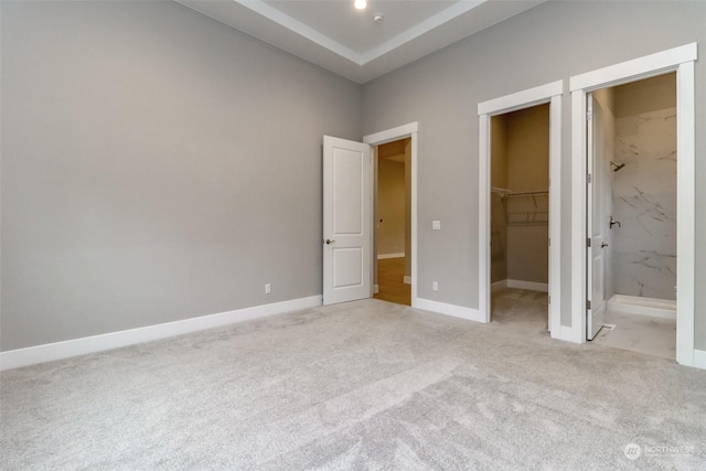 unfurnished bedroom featuring ensuite bath, a spacious closet, a closet, and light colored carpet