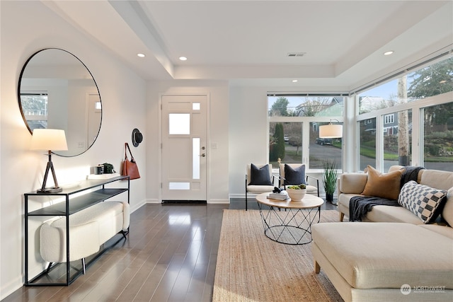 interior space with wood-type flooring and a tray ceiling