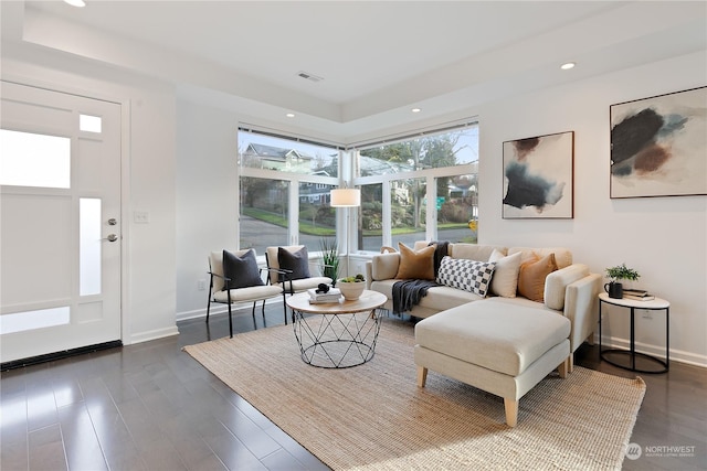 living room with dark hardwood / wood-style floors