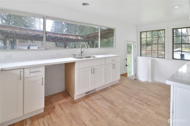 kitchen with white cabinetry, light hardwood / wood-style flooring, and sink