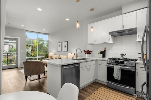 kitchen featuring white cabinetry, stainless steel appliances, tasteful backsplash, sink, and kitchen peninsula