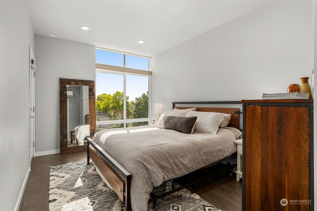 bedroom with dark hardwood / wood-style flooring