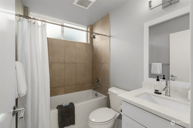 full bathroom with toilet, vanity, and shower / bath combination with curtain