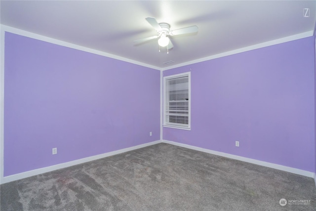 empty room with carpet flooring, ceiling fan, and ornamental molding