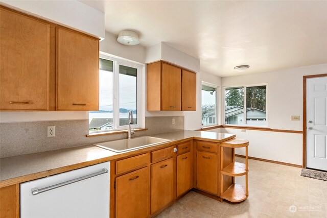 kitchen featuring dishwasher, kitchen peninsula, plenty of natural light, and sink