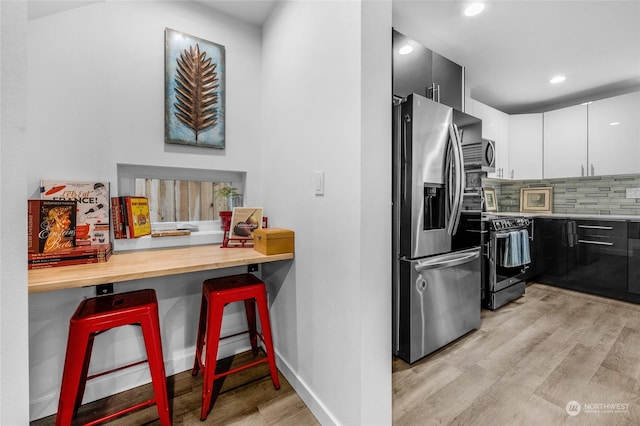 kitchen with white cabinetry, wood counters, decorative backsplash, appliances with stainless steel finishes, and light wood-type flooring