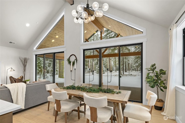 71 Plateau Loop, Cle Elum, WA 98922 - dining area featuring a chandelier, high vaulted ceiling, light wood finished floors, beam ceiling, and recessed lighting