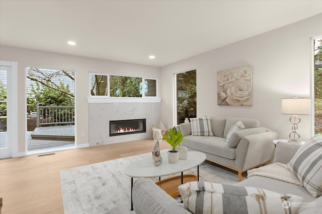 living room featuring light hardwood / wood-style floors and a premium fireplace