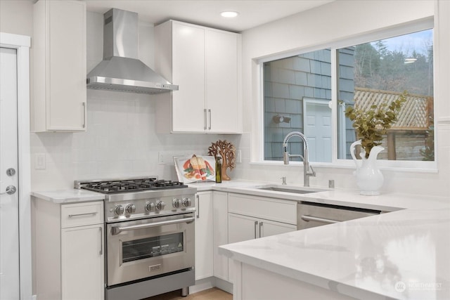 kitchen with white cabinetry, sink, wall chimney range hood, tasteful backsplash, and appliances with stainless steel finishes