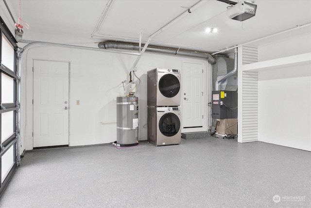 garage featuring heating unit, a garage door opener, stacked washer and clothes dryer, and water heater