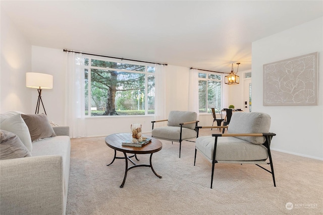 carpeted living room featuring a chandelier and a wealth of natural light