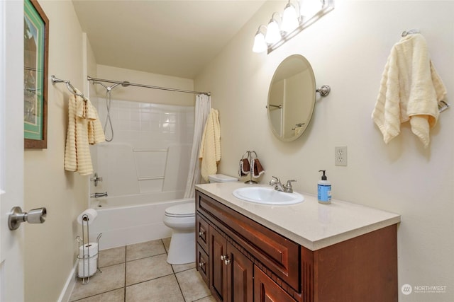 full bathroom featuring toilet, vanity, tile patterned floors, and shower / bathtub combination with curtain