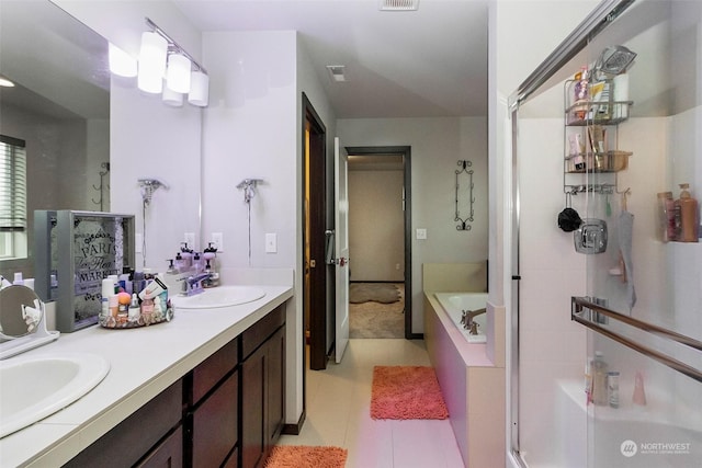 bathroom featuring plus walk in shower and vanity