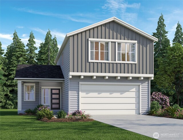 view of front of property with a garage, concrete driveway, roof with shingles, board and batten siding, and a front yard