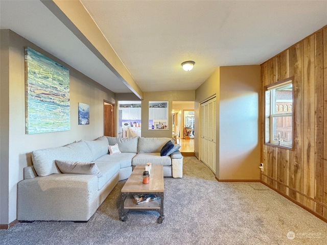 carpeted living room with wooden walls