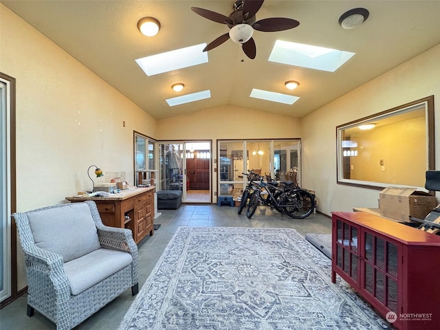 living area featuring ceiling fan, lofted ceiling, and light tile patterned floors