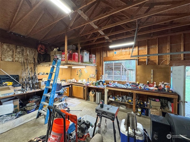 misc room featuring a workshop area and vaulted ceiling