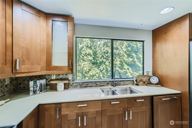 kitchen featuring tasteful backsplash, stainless steel dishwasher, and sink