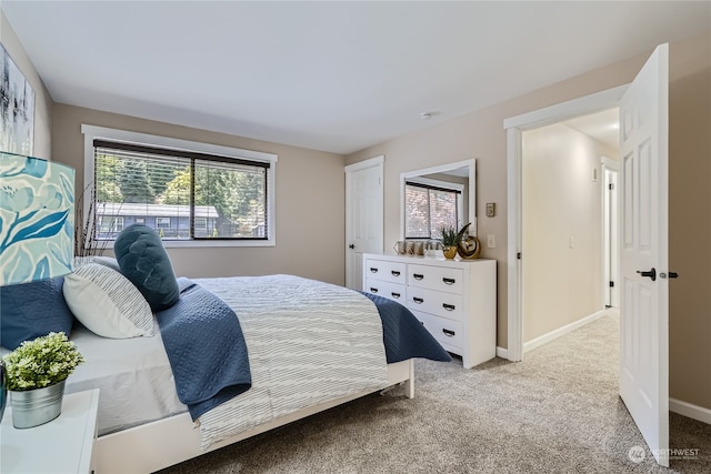 bedroom with light colored carpet