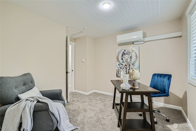 carpeted home office with a wall mounted air conditioner and a healthy amount of sunlight