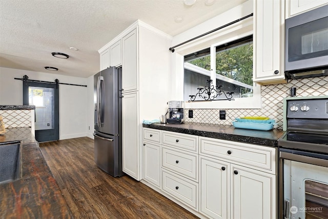 kitchen featuring a barn door, dark wood-type flooring, a healthy amount of sunlight, and appliances with stainless steel finishes