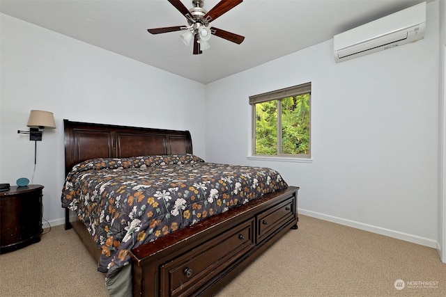 bedroom with light carpet, a wall mounted AC, and ceiling fan