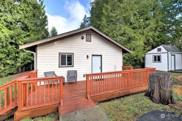 deck featuring a storage shed